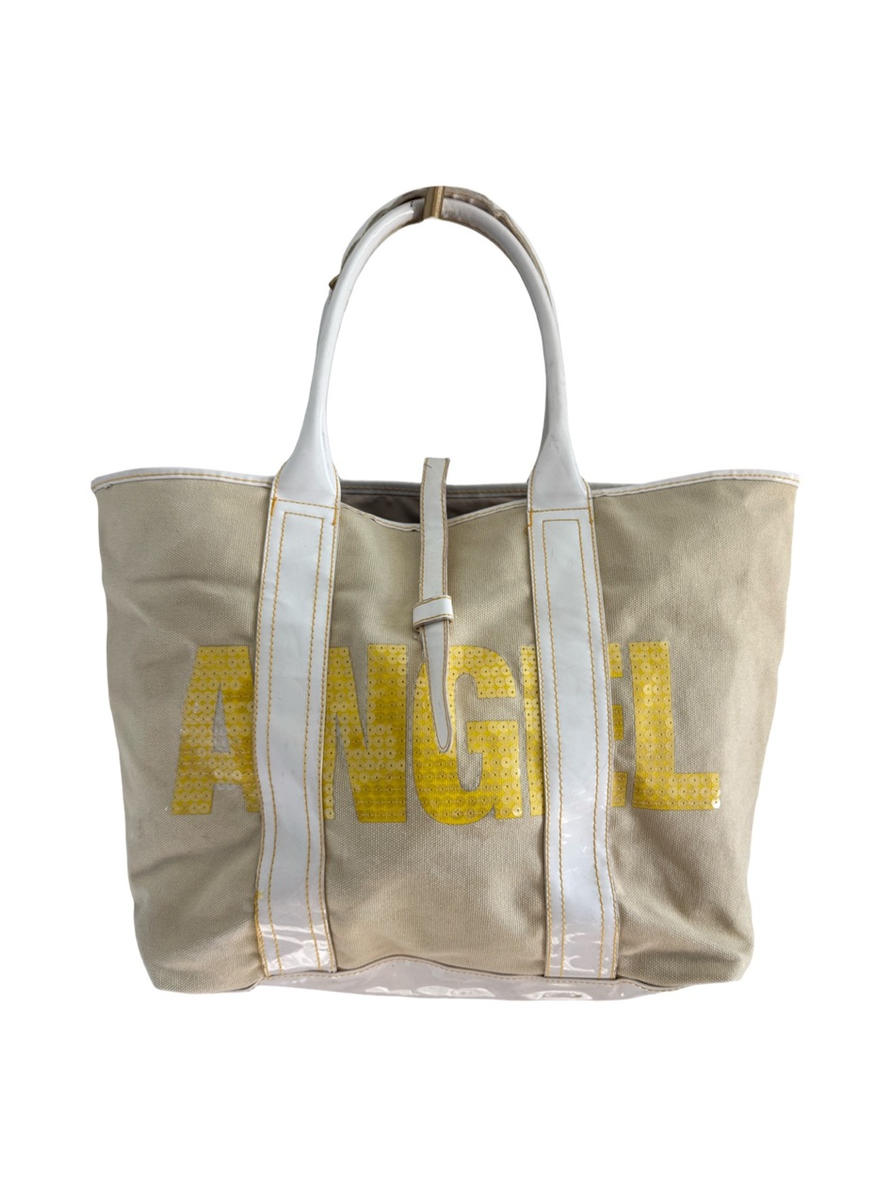 Victoria's Secret Angel Canvas Tote Bag Beige White Yellow Sequin Beach Shopper